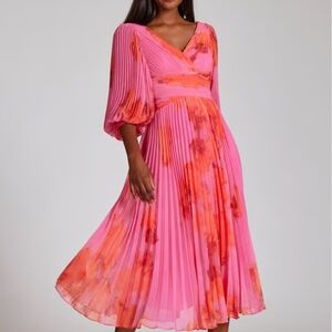 Rickie Freeman for Teri Jon Pink and Orange Pleated V-Neck Midi Dress